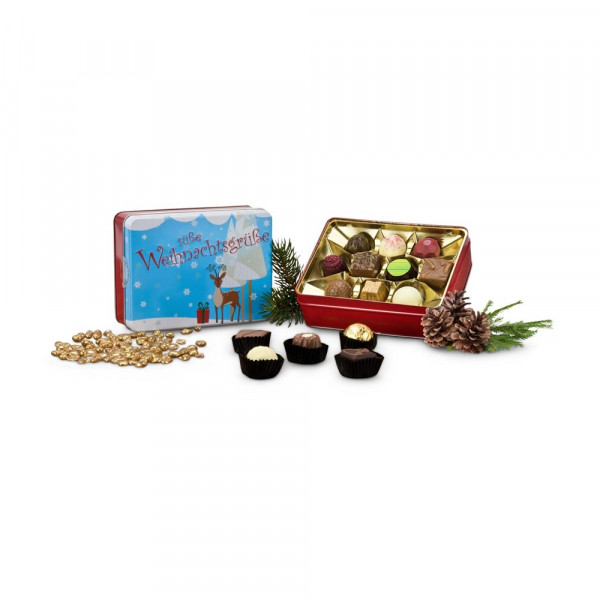 Geschenkartikel / Präsentartikel: Süße Weihnachtsgrüße - Pralinendose mit 125 g