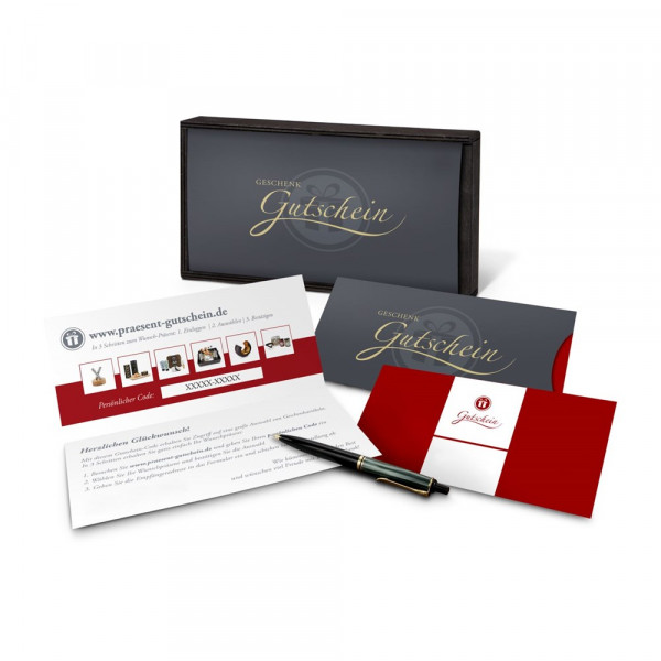 Geschenkgutschein Rot in Holzkiste, große Auswahl an Präsenten, Lifestyle- und Wellnessprodukten, Ka